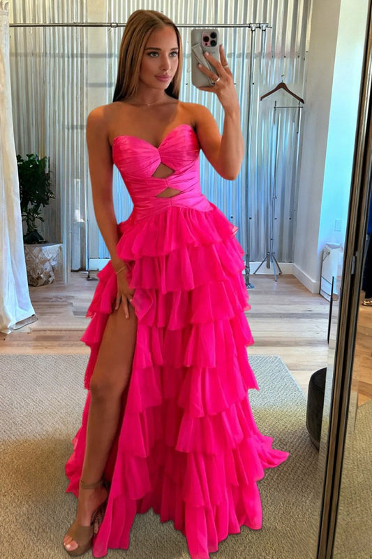 Sweetheart Off-Shoulder Sleeveless Chiffon Pleated High Slit Tiered A-Line Prom Dress