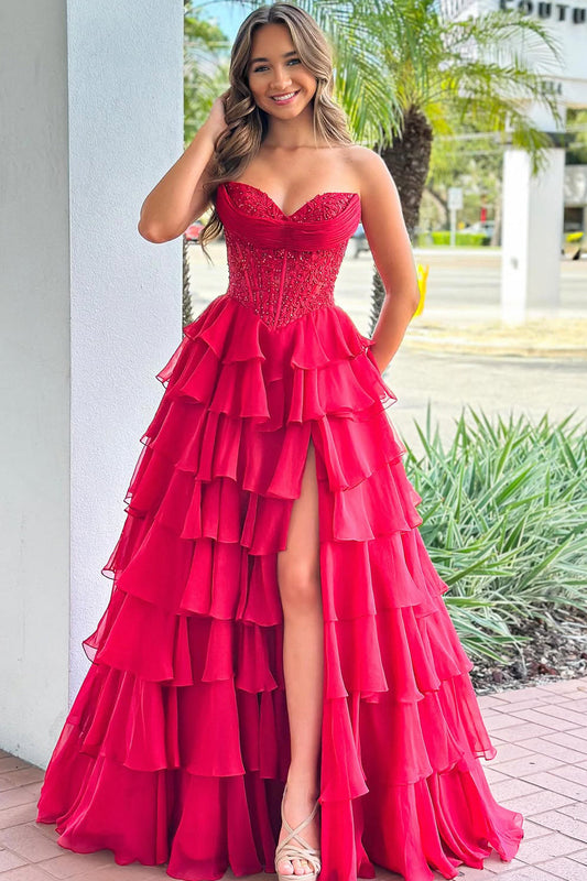 Sweetheart Floor-Length Beaded Sequined Applique Chiffon Pleated Tiered A-Line Prom Dress