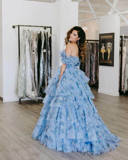 Bateau-Neck Off-Shoulder Sleeveless Floor-Length Print-Tulle Pleated Tiered A-Line Prom Dress