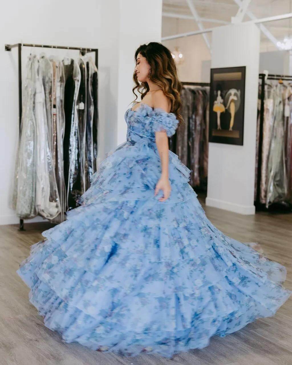 Bateau-Neck Off-Shoulder Sleeveless Floor-Length Print-Tulle Pleated Tiered A-Line Prom Dress