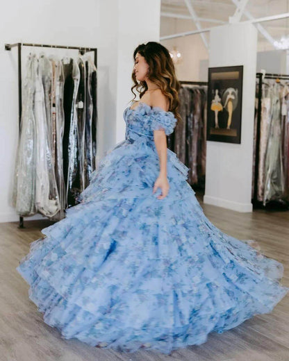 Bateau-Neck Off-Shoulder Sleeveless Floor-Length Print-Tulle Pleated Tiered A-Line Prom Dress