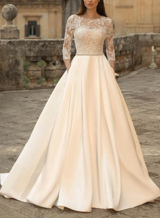 Scoop-Neck 3/4-Sleeves Applique Tulle&Satin Pleated A-Line Wedding Dress
