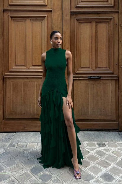 High-Neck Off-Shoulder Beaded Chiffon Pleated Tiered Fitted Prom Dress with High Slit