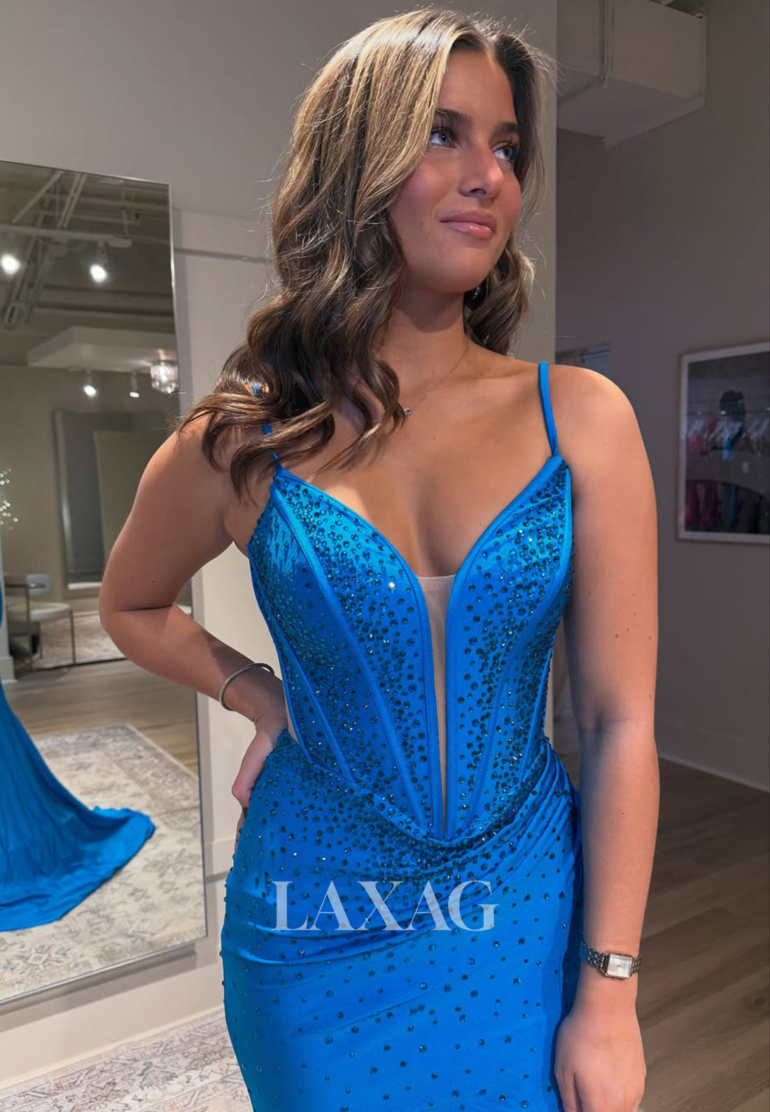 Spaghetti Straps Deep V-Neck Sleeveless Party Gowns Beaded Pleated Sat – Laxag Spaghetti Straps Deep V-Neck Sleeveless Party Gowns Beaded Pleated Sat – Laxag