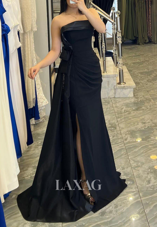 Asymmetrical-Neck Sleeveless Mermaid Evening Dress Pleated Satin High Slit Formal Gowns