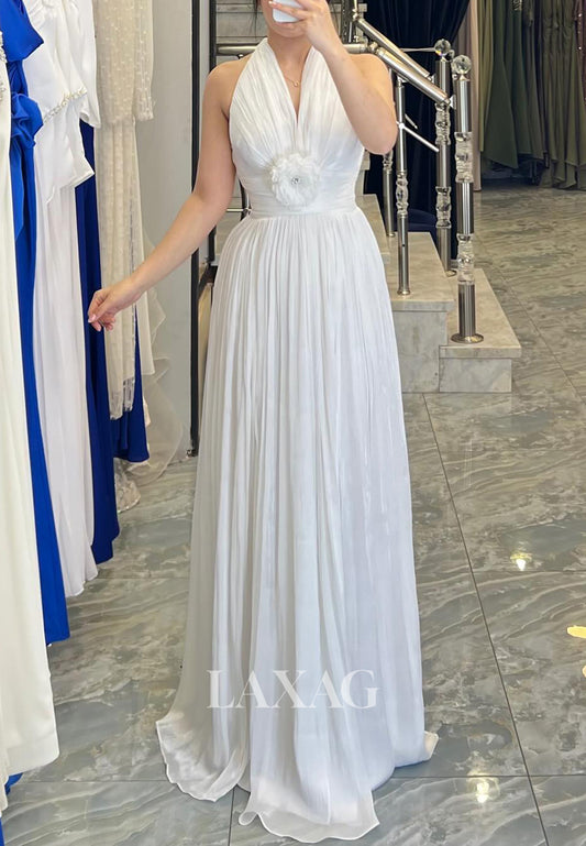 Halter V-Neck Sleeveless A-Line Evening Dress Floral Embellished Pleated Chiffon Formal Gowns