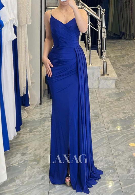 V-Neck Spaghetti Straps Sleeveless Floor-Length Pleated Chiffon Mermaid Evening Dress with Slit