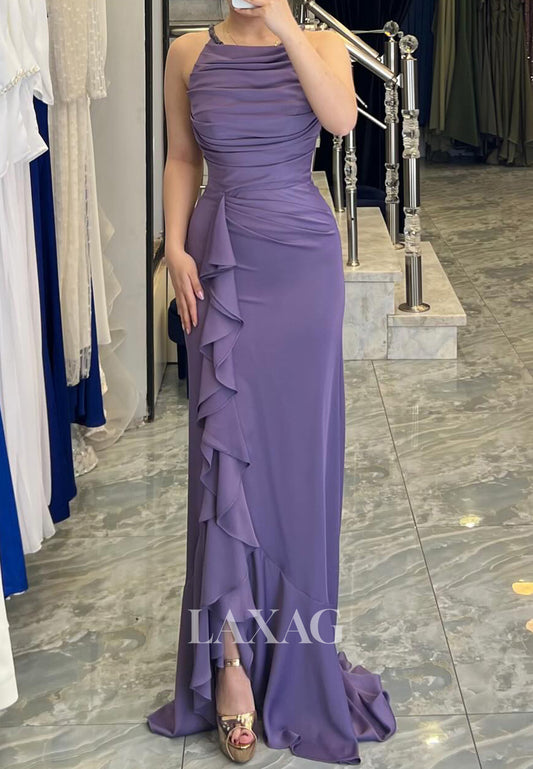 Halter-Neck Sleeveless Pleated Chiffon Formal Gowns Off-Shoulder Tiered Mermaid Evening Dress