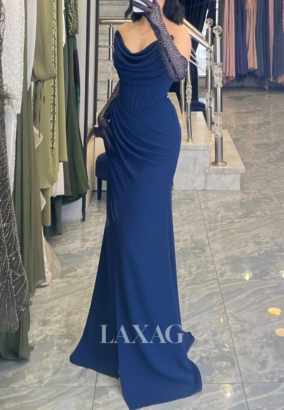 V-Neck Sleeveless Floor-Length Fitted Evening Dress Pleated Satin Form Laxag V-Neck Sleeveless Floor-Length Fitted Evening Dress Pleated Satin Form Laxag