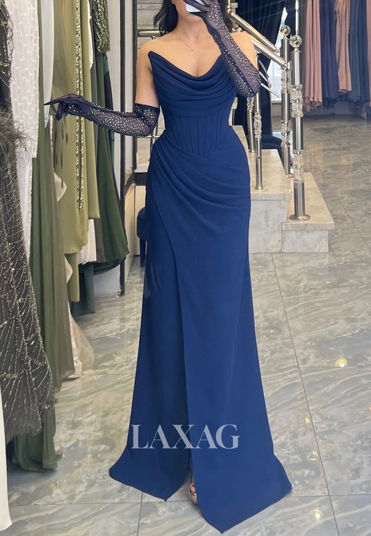 V-Neck Sleeveless Floor-Length Fitted Evening Dress Pleated Satin Formal Gowns with Tulle Beaded Gloves