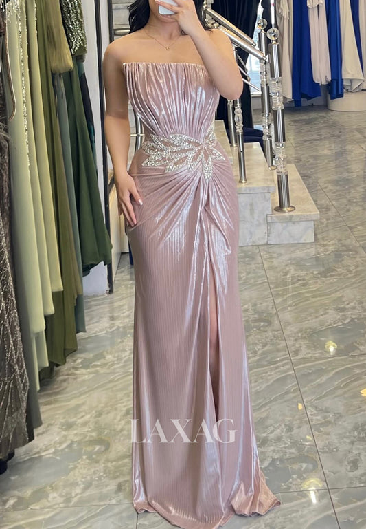 Sleeveless Pleated Satin High Slit Formal Gowns Asymmetrical-Neck Beaded Meramid Evening Dress