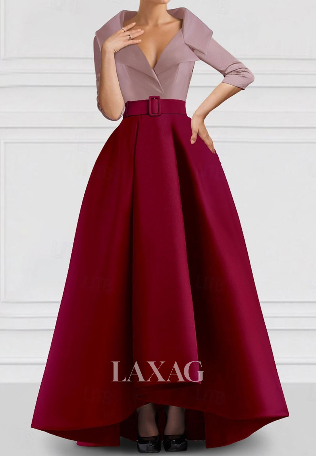 Half-Sleeves V-Neck Two Tone A-Line Wedding Guest Dress Pleated Satin Floor-Length Evening Gowns Half-Sleeves V-Neck Two Tone A-Line Wedding Guest Dress Pleated Satin Floor-Length Evening Gowns