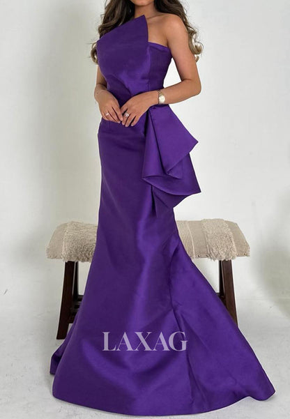 Asymmetrical-Neck Sleeveless Mermaid Prom Dress Off-Shoulder Pleated Satin Formal Gowns