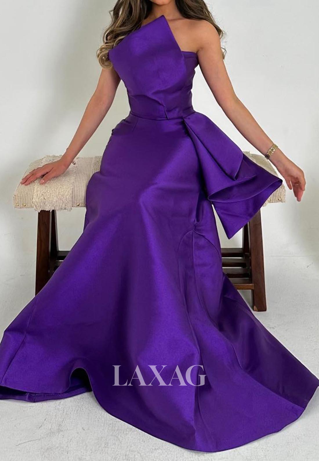 Asymmetrical-Neck Sleeveless Mermaid Prom Dress Off-Shoulder Pleated Satin Formal Gowns