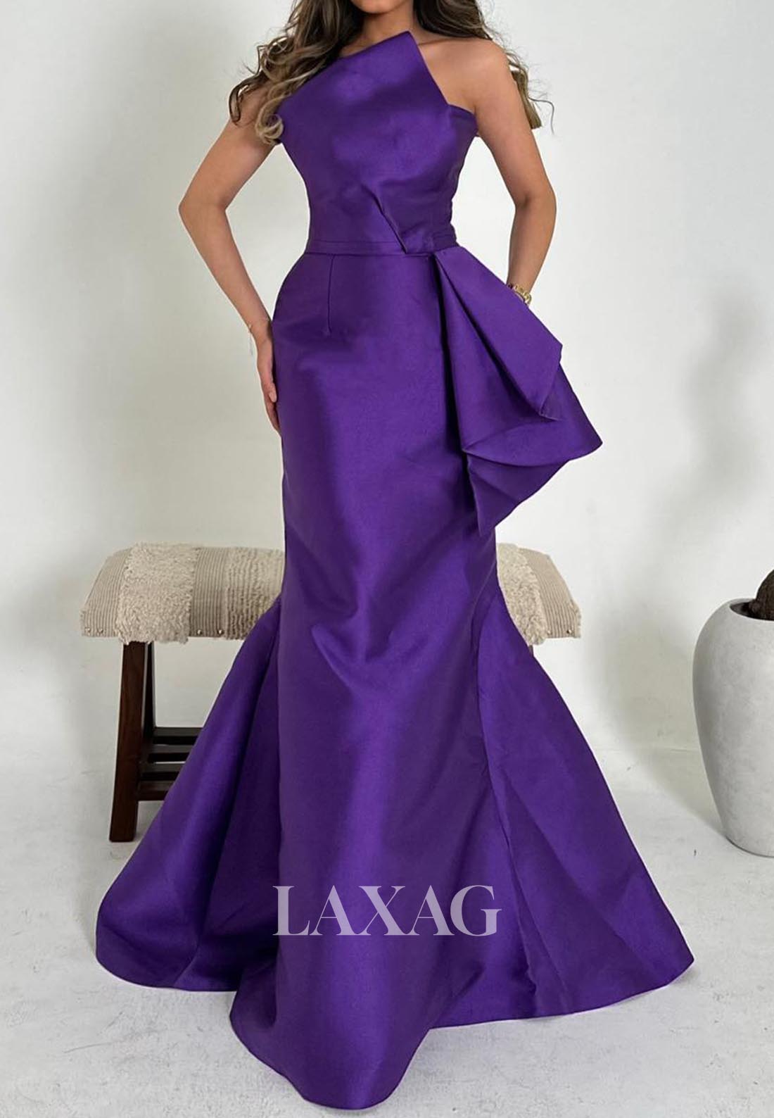 Asymmetrical-Neck Sleeveless Mermaid Prom Dress Off-Shoulder Pleated Satin Formal Gowns