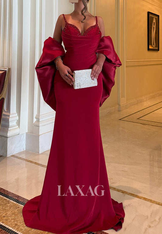 Spaghetti Straps Sweetheart Sleeveless Beaded Pleated Satin Mermaid Evening Dress