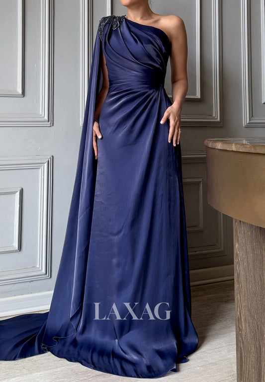 Asymmetrical-Neck Sleeveless Fitted Evening Dress Beaded Pleated Satin Sweep Train Formal Gowns