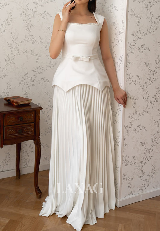 Square-Neck Straps Sleeveless Beaded Pleated Satin&Chiffon Floor-Length Fitted Evening Dress