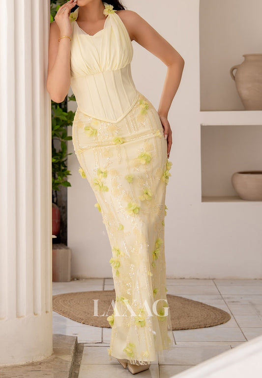 Halter-Neck Sleeveless Sequined Chiffon Formal Gowns Floral Embellished Mermaid Evening Dress