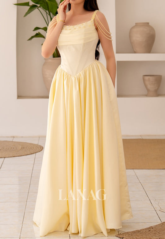 Scoop-Neck Off-Shoulder Pleated Formal Gowns Spaghetti Straps Beaded A-Line Evening Dress