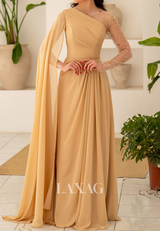 Asymmetrical-Neck Tulle-Long-Sleeve Fitted Evening Dress Beaded Pleated Chiffon Formal Gowns