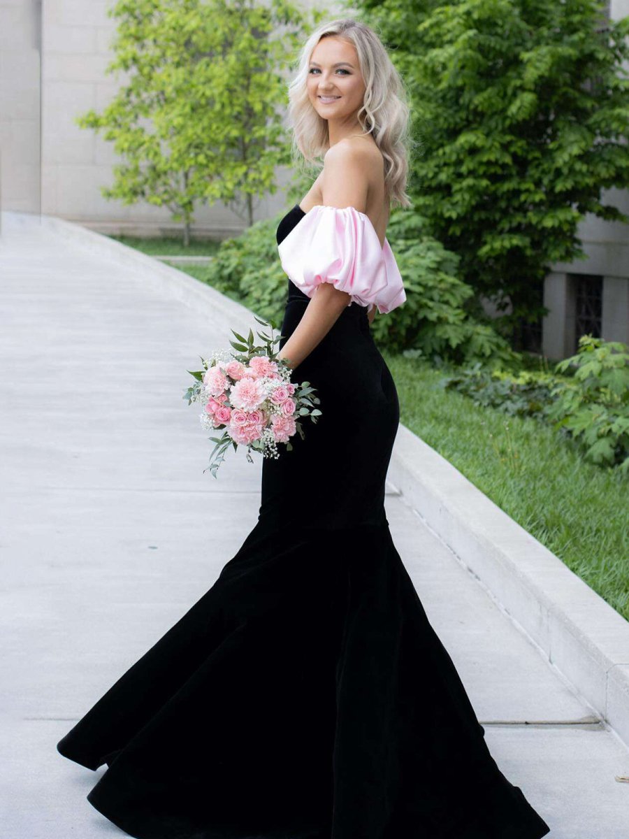 Tube Top Velvet Long Mermaid Prom Dress with Off-Shoulder Detachable Short-Sleeves Party Gowns