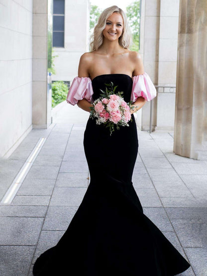 Tube Top Velvet Long Mermaid Prom Dress with Off-Shoulder Detachable Short-Sleeves Party Gowns