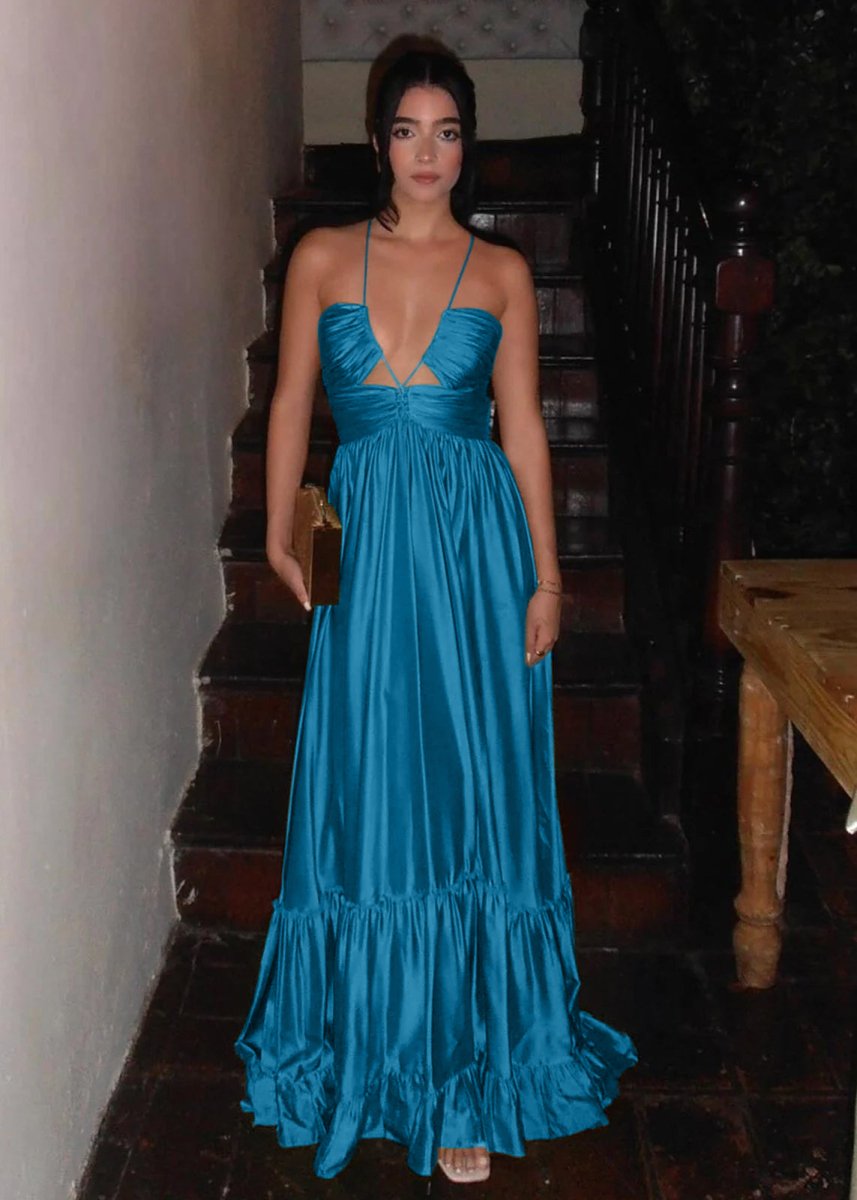 Halter-Neck Off-Shoulder Sleeveless Floor-Length Pleated Satin A-Line Prom Dress