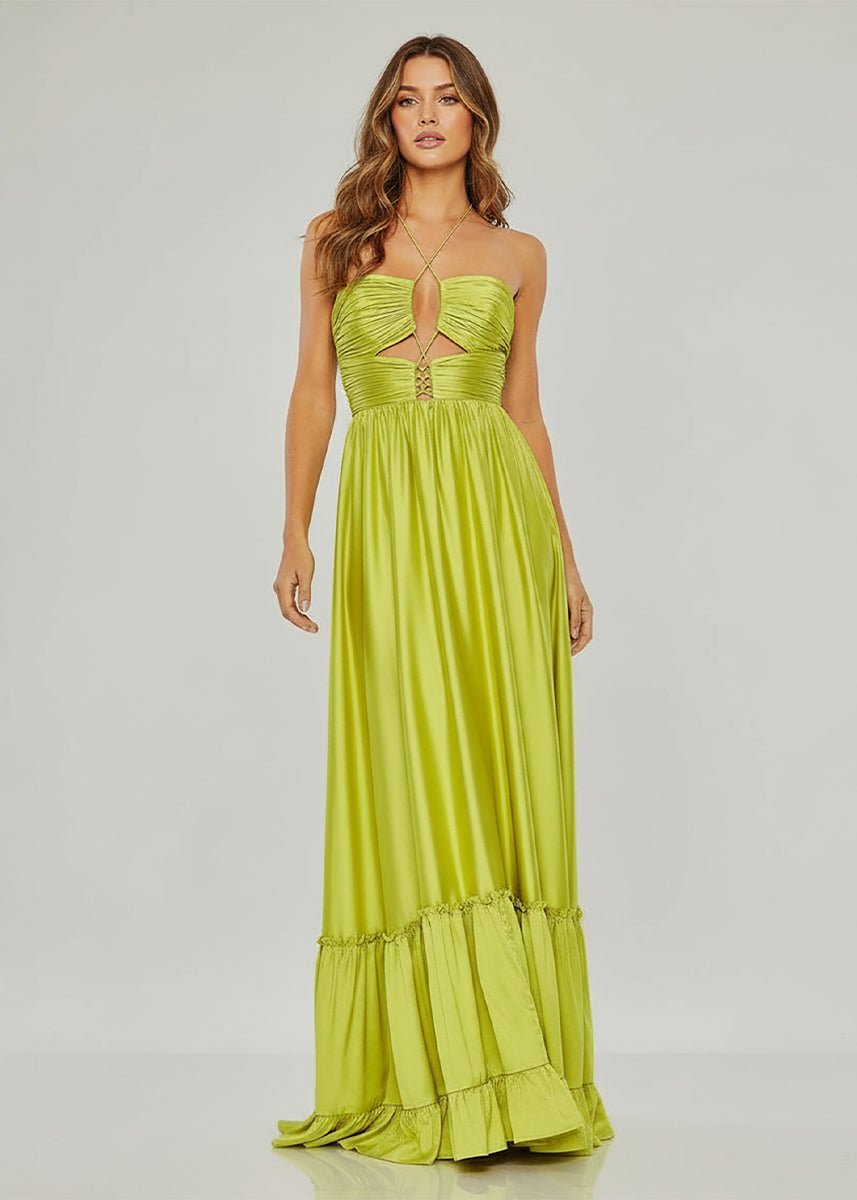 Halter-Neck Off-Shoulder Sleeveless Floor-Length Pleated Satin A-Line Prom Dress