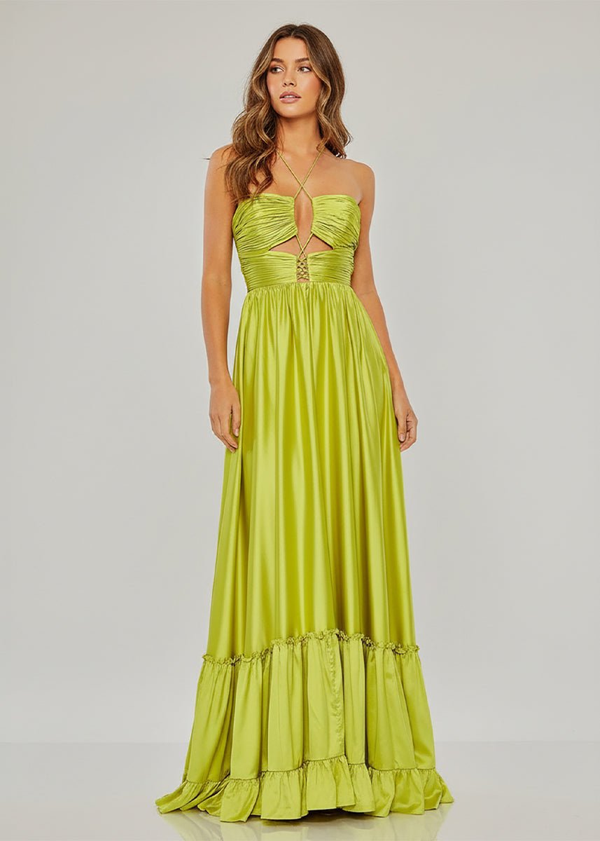 Halter-Neck Off-Shoulder Sleeveless Floor-Length Pleated Satin A-Line Prom Dress