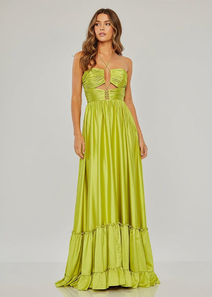 Halter-Neck Off-Shoulder Sleeveless Floor-Length Pleated Satin A-Line Prom Dress