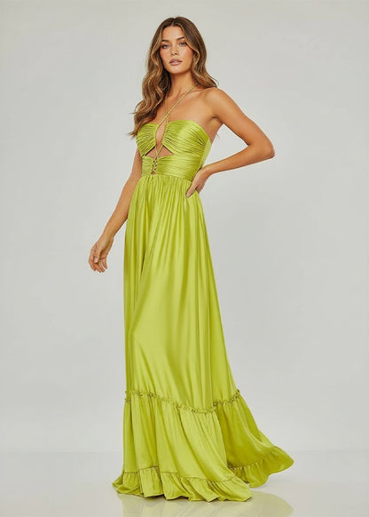 Halter-Neck Off-Shoulder Sleeveless Floor-Length Pleated Satin A-Line Prom Dress