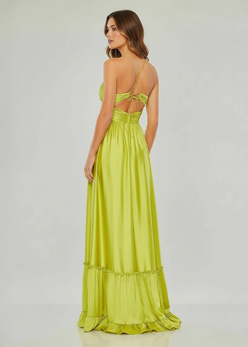 Halter-Neck Off-Shoulder Sleeveless Floor-Length Pleated Satin A-Line Prom Dress