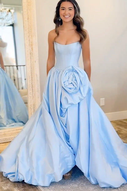 Scoop-Neck Off-Shoulder Floral Embossed Pleated Satin A-Line Prom Dress with High Slit