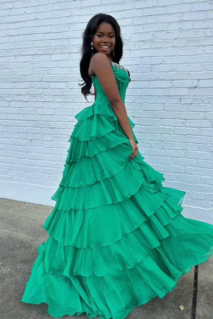 Scoop-Neck Off-Shoulder Sleeveless Beaded Chiffon Pleated Tiered A-Line Prom Dress