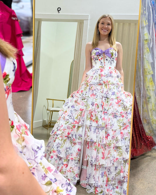 Off-Shoulder Sweetheart Floor-Length Print-Chiffon Pleated Tiered A-Line Prom Dress