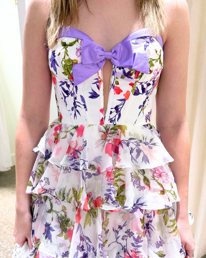 Off-Shoulder Sweetheart Floor-Length Print-Chiffon Pleated Tiered A-Line Prom Dress