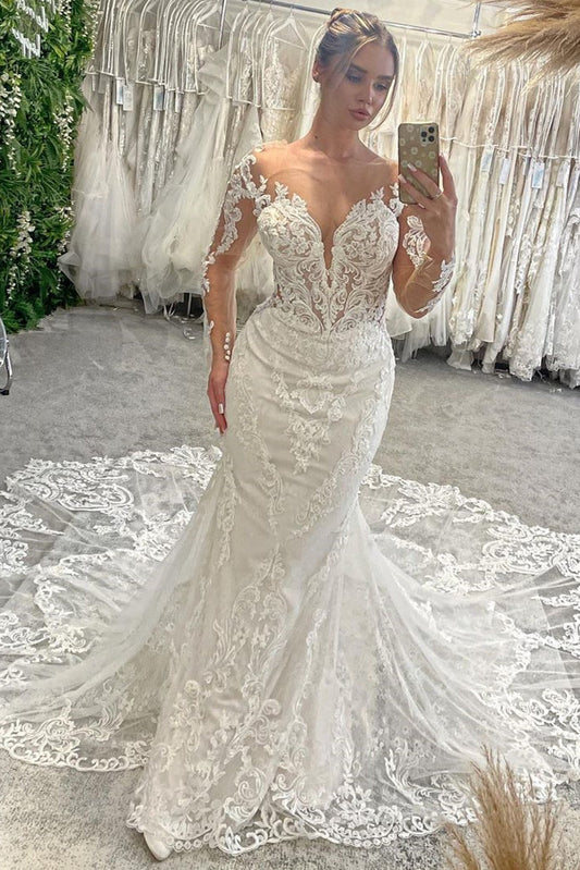Deep V-Neck Long-Sleeves Applique Tulle Sheer Pleated Mermaid Wedding Dress