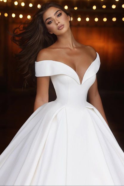 Sweetheart Off-Shoulder Sleeveless Floor-Length Pleated Satin A-Line Wedding Dress