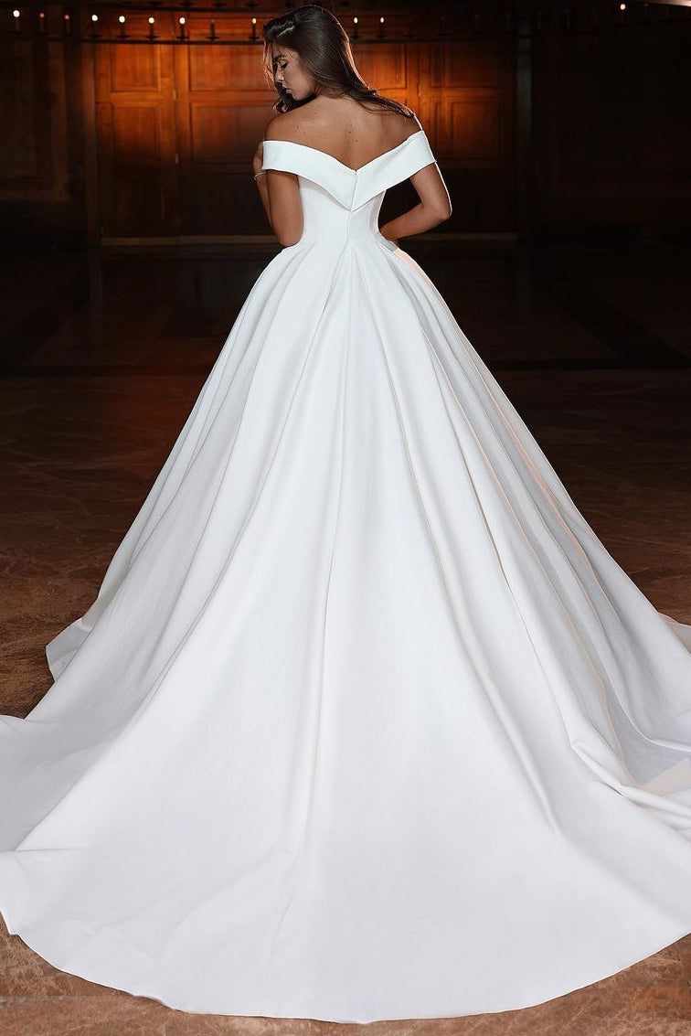 Sweetheart Off-Shoulder Sleeveless Floor-Length Pleated Satin A-Line Wedding Dress