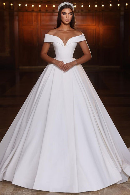 Sweetheart Off-Shoulder Sleeveless Floor-Length Pleated Satin A-Line Wedding Dress