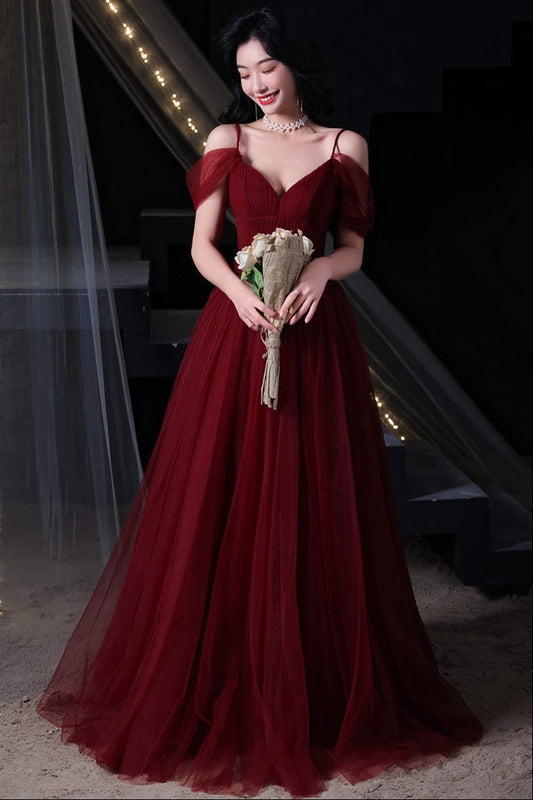 V-Neck Spaghetti Straps Sleeveless Floor-Length Tulle Pleated A-Line Prom Dress