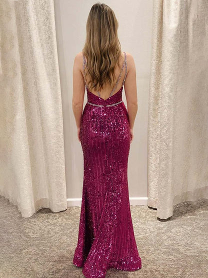 Deep V-Neck Spaghetti Straps Sleeveless Mermaid Fully Sequined Prom Dress with Slit