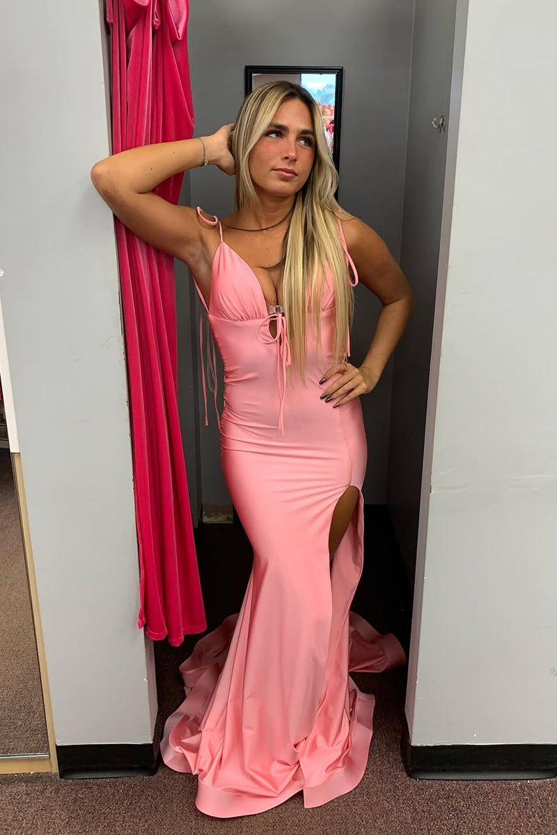 Deep V-Neck Spaghetti Straps Mermaid Prom Dress Sleeveless Satin Pleated Long Party Gowns