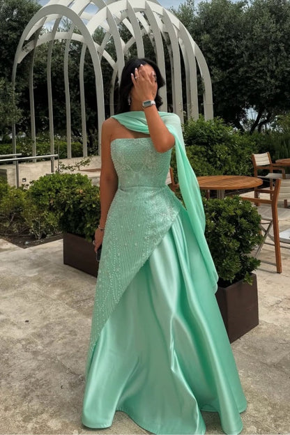 Tube Tops Sleeveless Sequined Beaded Satin Pleated Floor-Length A-Line Prom Dress