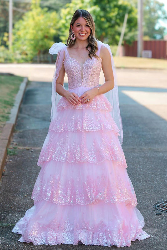 Deep V-Neck Bows-Straps Sleeveless Sequined Applique Tulle Pleated Tiered A-Line Prom Dress