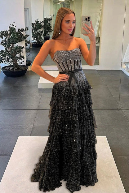 Tube Top Sleeveless Party Gowns Fully Beaded Tulle Pleated Tiered A-Line Prom Dress