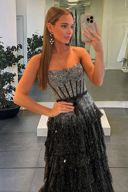 Tube Top Sleeveless Party Gowns Fully Beaded Tulle Pleated Tiered A-Line Prom Dress