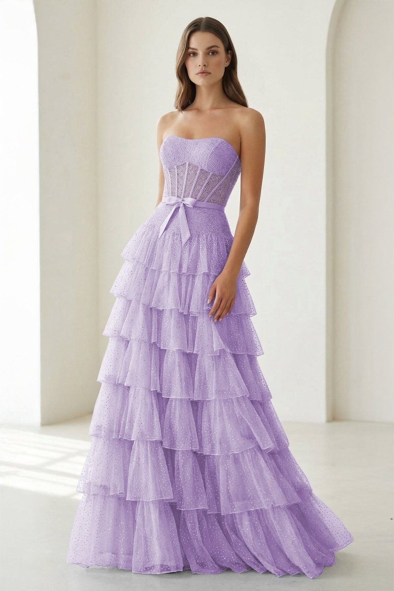 Tube Top Sleeveless Party Gowns Fully Beaded Tulle Pleated Tiered A-Line Prom Dress