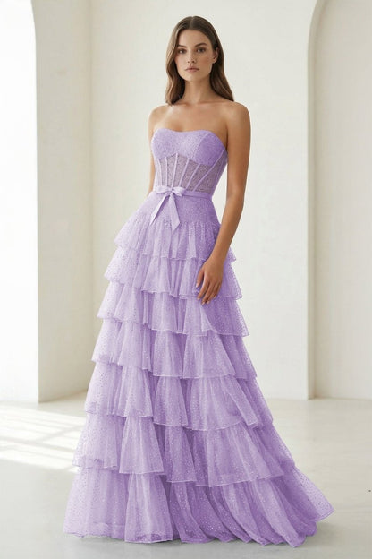 Tube Top Sleeveless Party Gowns Fully Beaded Tulle Pleated Tiered A-Line Prom Dress
